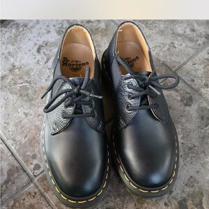Dr. Martens Black Leather Oxfords with Yellow Stitching